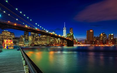 Brooklyn Bridge, Manhattan, embankment, american cities, nightscapes, NYC, New York at night, skyscrapers, New York, USA, Cities of New York, America
