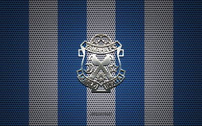 Jubilo Iwata logo, Japanese football club, metal emblem, blue white metal mesh background, Jubilo Iwata, J1 League, Iwata, Japan, football, Japan Professional Football League