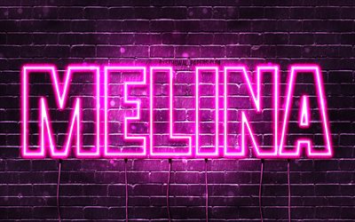 Melina, 4k, wallpapers with names, female names, Melina name, purple neon lights, horizontal text, picture with Melina name