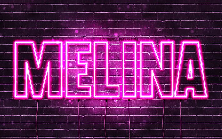 Melina, 4k, Melina ismi ile isimleri, Bayan isimleri, Melina ismi, mor neon ışıkları, yatay metin, resim ile duvar kağıtları