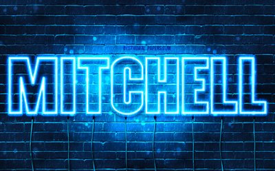 Mitchell, 4k, wallpapers with names, horizontal text, Mitchell name, blue neon lights, picture with Mitchell name