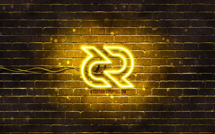 Decred logo jaune, 4k, jaune brickwall, Decred logo, cryptocurrency signes, Decred n&#233;on logo, cryptocurrency, Decred