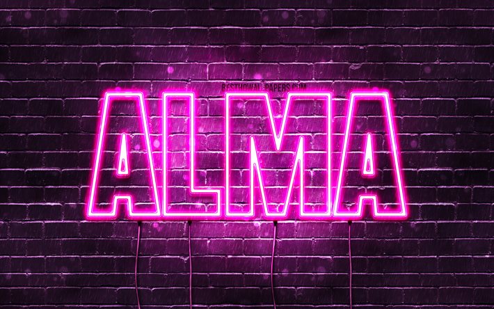 Alma, 4k, fondos de pantalla con los nombres, los nombres femeninos, Alma nombre, p&#250;rpura luces de ne&#243;n, el texto horizontal, imagen con el nombre Alma