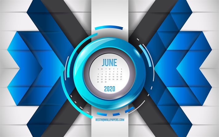 2020 giugno calendario, blu, astratto sfondo, 2020 estate calendari, giugno, blu a mosaico, sfondo, giugno 2020 Calendario, creativo, sfondo blu