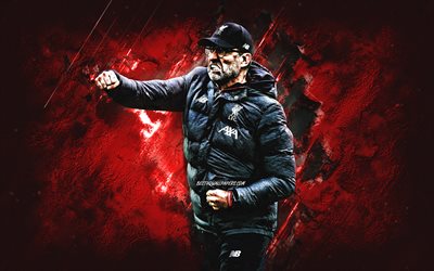 Jurgen Klopp, Liverpool FC, German football coach, portrait, red stone background, Premier League, football
