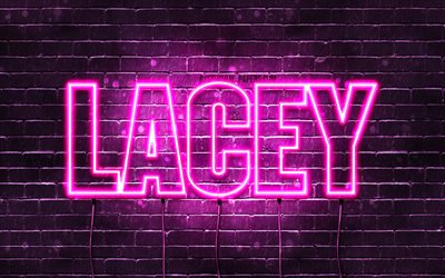 Lacey, 4k, wallpapers with names, female names, Lacey name, purple neon lights, horizontal text, picture with Lacey name