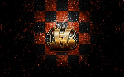 Cincinnati Bengals, glitter logo, NFL, orange black checkered background, USA, american football team, Cincinnati Bengals logo, mosaic art, american football, America