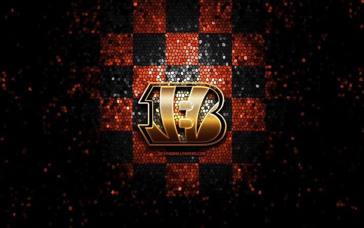Cincinnati Bengals, glitter logotipo, NFL, laranja preto fundo quadriculado, EUA, time de futebol americano, Cincinnati Bengals logotipo, arte em mosaico, futebol americano, Am&#233;rica