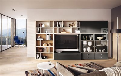 living room, stylish interior, modern interior design, light wooden background, black living room furniture