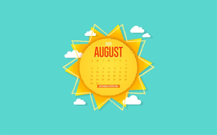 2020 Augusti Kalender, kreativa solen, paper art, bakgrund med sun, Augusti, bl&#229; himmel, 2020 sommaren kalendrar, Augusti 2020 Kalender