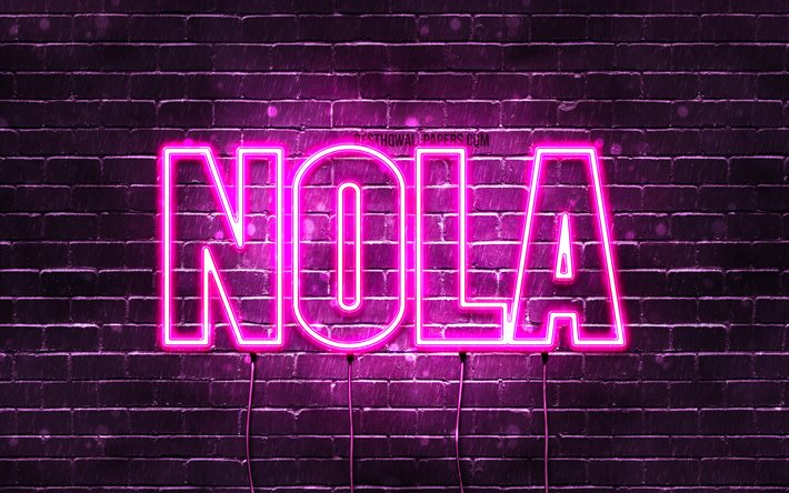Nola, 4k, wallpapers with names, female names, Nola name, purple neon lights, horizontal text, picture with Nola name