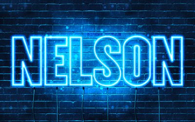 ネルソン, 4k, 壁紙名, テキストの水平, ネルソンの名前, 青色のネオン, 画像とネルソンの名前