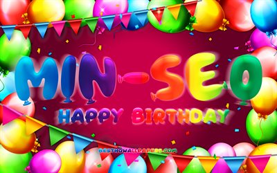 お誕生日おめでMin-seo, 4k, カラフルバルーンフレーム, Min-seo名, 紫色の背景, Min-seoお誕生日おめで, Min-seo誕生日, 人気の韓国の女性の名前, 誕生日プ, Min-seo