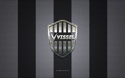 Vissel Kobe logo, Japanese football club, metal emblem, black white metal mesh background, Vissel Kobe, J1 League, Kobe, Japan, football, Japan Professional Football League