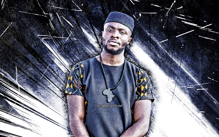 4k, Fuse ODG, grunge art, british rapper, music stars, Nana Richard Abiona, blue abstract rays, british celebrity, Fuse ODG 4K