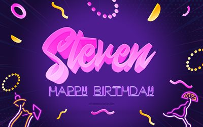 happy birthday steven, 4k, purple party background, steven, kreative kunst, happy steven birthday, steven name, steven birthday, birthday party background