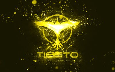 Tiesto yellow logo, 4k, Dutch DJs, yellow neon lights, creative, yellow abstract background, DJ Tiesto logo, Tijs Michiel Verwest, Tiesto logo, music stars, DJ Tiesto