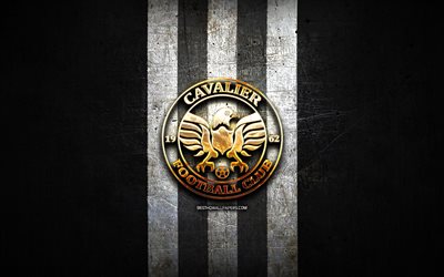 Cavalier FC, golden logo, Jamaica Premier League, black metal background, football, jamaican football club, Cavalier FC logo, soccer, Cavalier SC