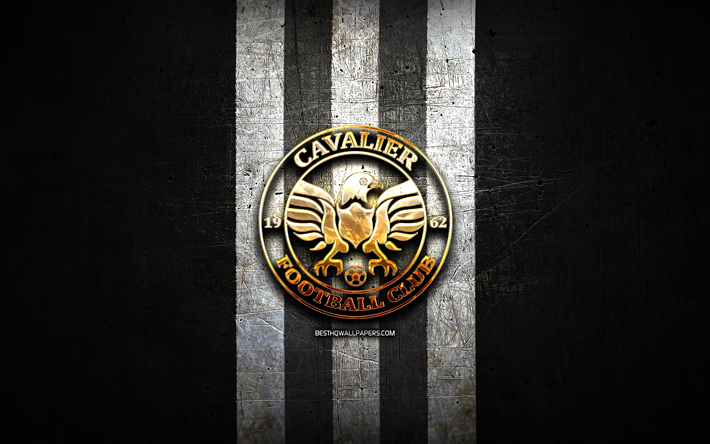 cavalier fc, gyllene logotyp, jamaica premier league, black metal bakgrund, fotboll, jamaicansk fotbollsklubb, cavalier fc logotyp, cavalier sc