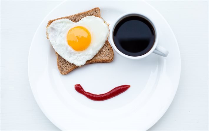 朝食, 笑顔, コーヒー, サンドイッチ