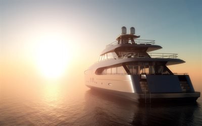 Sea, sunrise, luxurious yacht, waves, 3d yacht