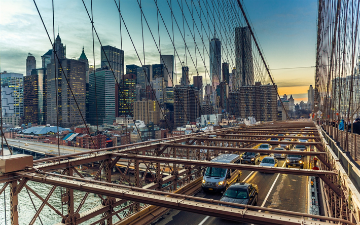Brooklyn Bridge, New York, Manhattan, skyskrapor, stadsbilden, USA, bil str&#246;m, kv&#228;ll, World Trade Center 1, kv&#228;llen stadens ljus, metropol