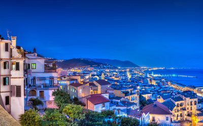 4k, Amalfi, paesaggi notturni, costa, mare, estate, Italia, Europa