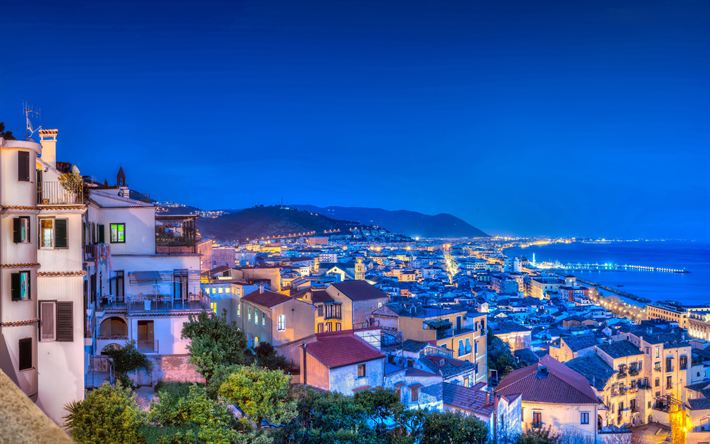 4k, Amalfi, nightscapes, coast, sea, summer, Italy, Europe