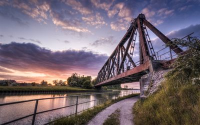 Ludinghausen, old iron bridge, sunset, evening, railway bridge, North Rhine-Westphalia, Germany