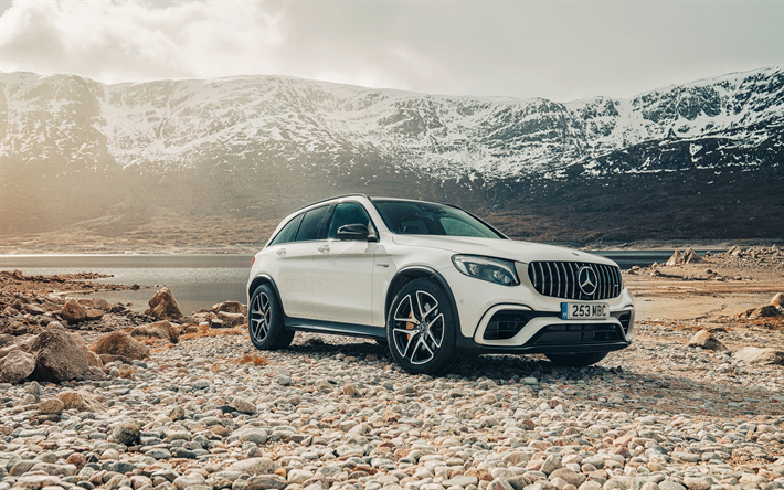 Mercedes-Benz GLC, AMG, 4MATIC, 2018, white GLC-Class, exterior, front view, new white GLC, tuning, mountain river, photosession, German cars, Mercedes