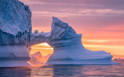 sunset, evening, iceberg, sea, glacier, eternal ice, Greenland