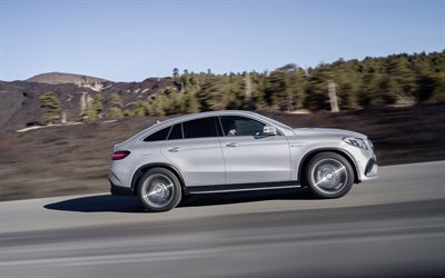 Mercedes-AMG GLE63 S Coupe, 2018, 4k, side view, exterior, luxury sports SUV, silver GLE63, German cars