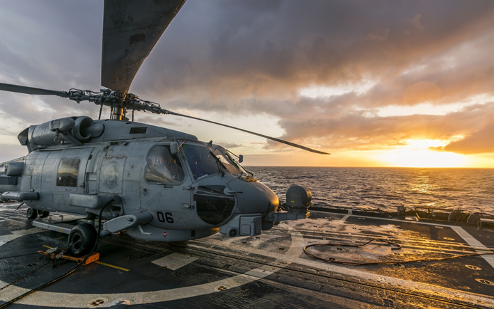 シコルスキー社のSH-60Seahawk, MH-60Rで, デッキの軍艦, 夕日, 海景, 米海軍, 米, 軍用ヘリコプター
