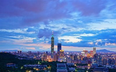Taipei 101, Taipei D&#252;nya Finans Merkezi, Taipei, g&#246;kdelen, Tayvan, gece, şehir, skyline, metropolis
