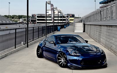Nissan 350z, Cutom widebody Turbo, blue sports coupe, tuning 350z, black wheels, blue 350z, Nessen Forgged Wheels, Japanese cars, Nissan