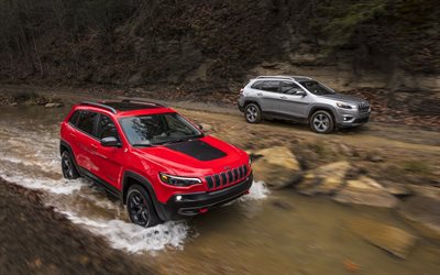 Jeep Cherokee, offroad, 2018 araba, nehir, kırmızı Cherokee, Amerikan arabaları, G&#252;m&#252;ş Cherokee, SUV, Jeep