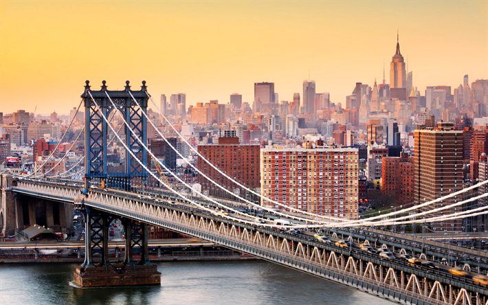 El Puente de Manhattan, Nueva York, puesta de sol, R&#237;o del Este, paisaje urbano, rascacielos, estados UNIDOS, el Edificio Empire State