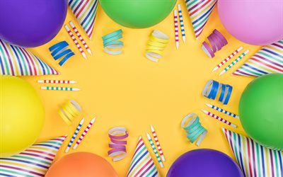 Buon Compleanno, sfondo giallo, multicolore palloni gonfiabili, confetti, modello cartolina, complimenti