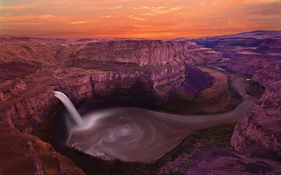 Palouse Falls, desert, sunset, canyon, cliffs, Washington, USA, America