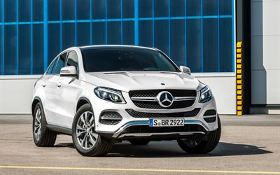 Mercedes-Benz GLE Coupe, 2018, 4k, front view, exterior, new white GLE, German cars, Mercedes