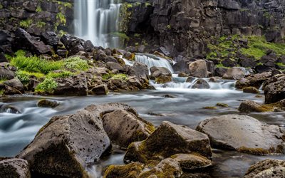 mountain waterfall, river, stream, stones, mountains, Iceland