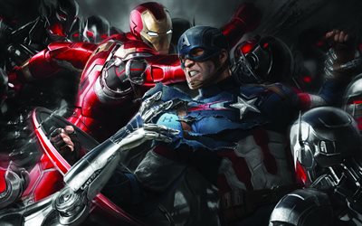Captain America, Iron Man, 4k, superheroes, 3D art, Marvel Comics, IronMan