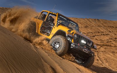 Jeep Wrangler, Nacho Concetto, 2018, vista frontale, arancione SUV, tuning Wrangler, deserto, Sahara, dune, Jeep