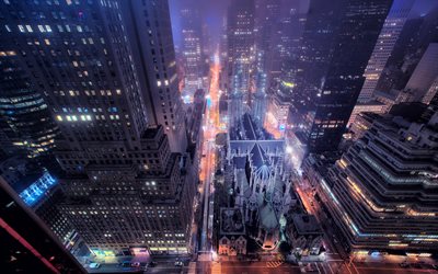 New york, strada, grattacieli, New York, strade, paesaggi notturni, metropoli, vista dall&#39;alto, USA, America