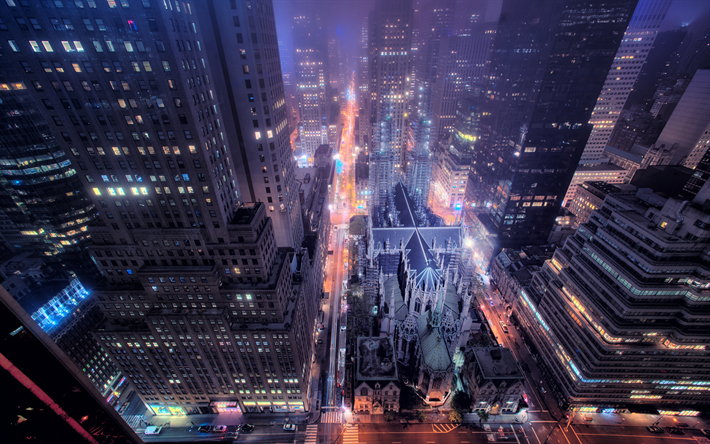 NYC, la rue, les gratte-ciel de New York, les routes, les paysages nocturnes, m&#233;tropole, la vue de dessus, USA, Am&#233;rique du