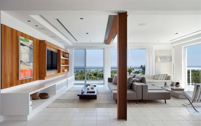 stylish light living room interior, modern interior design, laminate flooring, stylish furniture