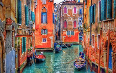 Venise, 4k, le canal, la rue, HDR, les gondoles, Italie, Europe