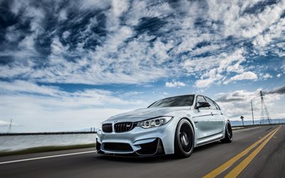 BMW M3, 2018, F80, exterior, road, speed, front view, sports sedan, tuning M3, German cars, BMW
