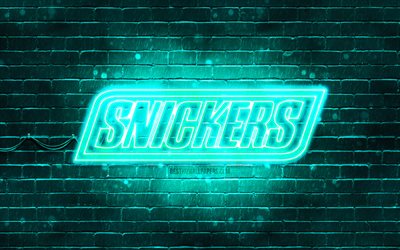 Logo Snickers turquoise, 4k, brickwall turquoise, logo Snickers, marques, logo n&#233;on Snickers, Snickers