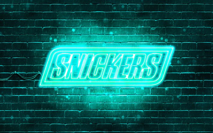 Logotipo Snickers turquesa, 4k, parede de tijolos turquesa, logotipo Snickers, marcas, logotipo Snickers neon, Snickers